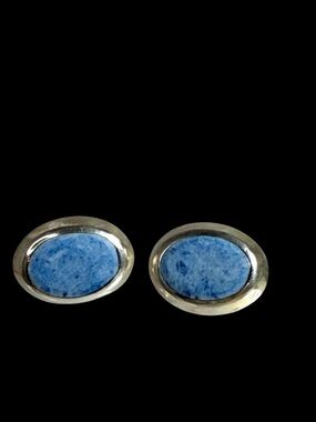 Vintage Sterling Silver 925 Oval Light Blue Sodalite Stone Hook Stud Earrings